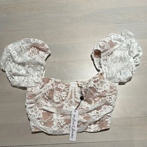 For Love and Lemons White Lace Cropped Top